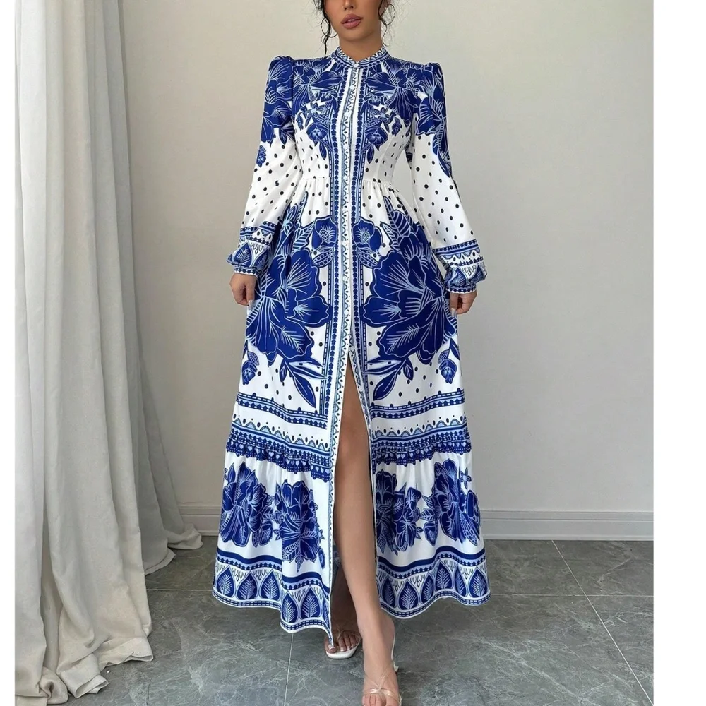 Boho Floral Print Puff Long Sleeve Button Down Frill Neck Maxi Dress - Picture 1 of 5